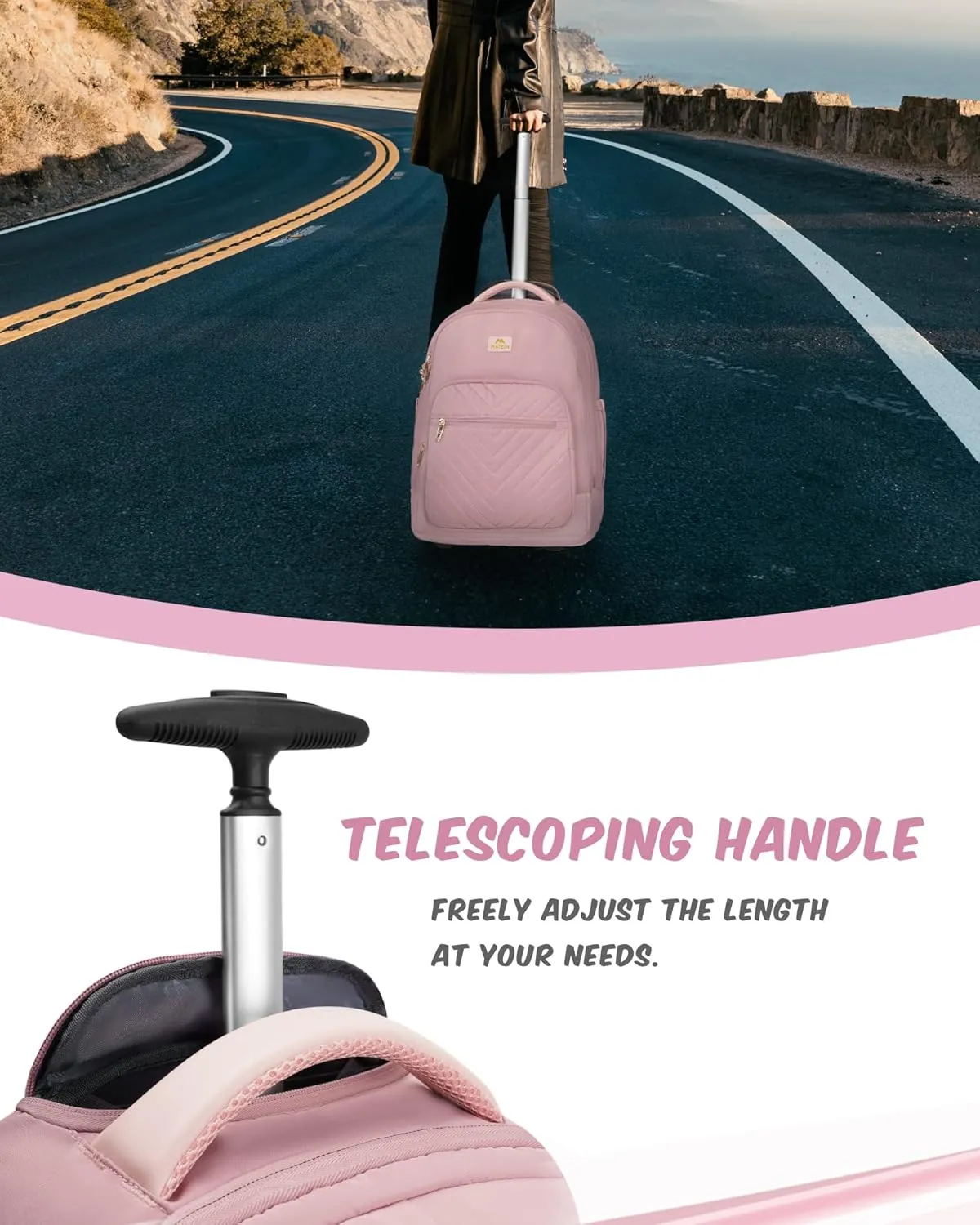 MATEIN Rolling Backpack for Women, 17 Inch Travel Laptop Backpacks with Wheels, Large Carry On Business Luggage Roller Backpack, Waterproof Trolley Suitcase Overnight College Work Computer Bag, Pink