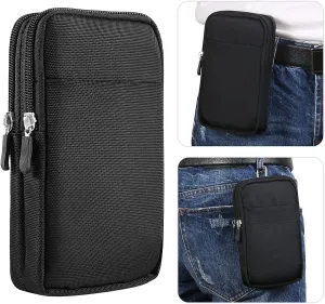 Men Nylon Cell Phone Bag Wallet Purse Waist Pouch Compatible for iPhone 16 Pro Max Galaxy S25 Ultra S24 FE Note 20 A16 A55 A35 Pixel 9 Pro XL OnePlus 13R Motorola Edge Xiaomi 14T TCL 50 XE (Black)