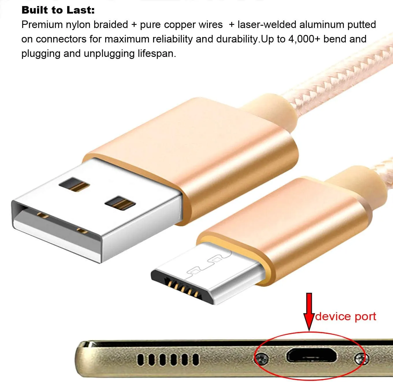 Micro USB Cable, 10Pack 5FT Android Charger Cord Long Braided Sync Fast Charging Cables,-Black