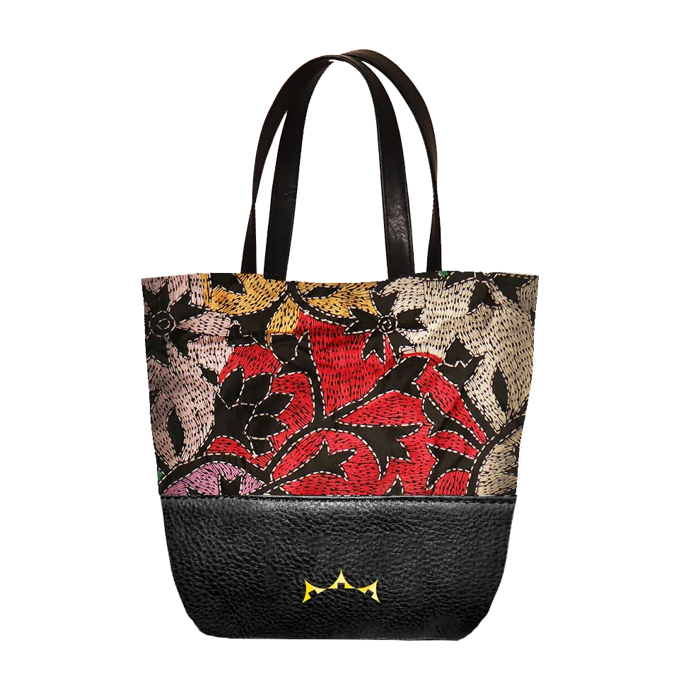 Pack of 2 Genuine Leather & Embroidery Tote - Brown &  Black