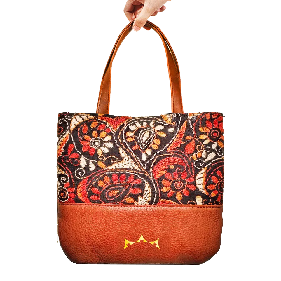 Pack of 2 Genuine Leather & Embroidery Tote - Brown &  Black