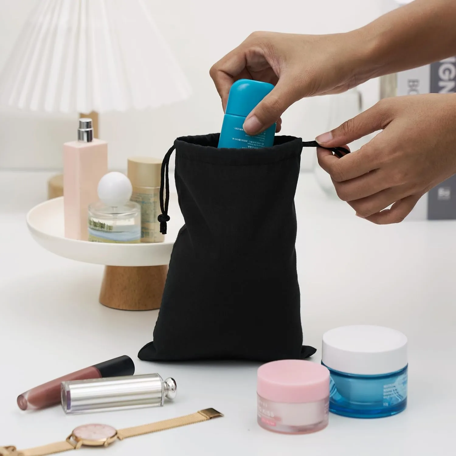 PALTERWEAR Black Cotton Drawstring Bags, Reusable Quality with Double String, For Pantry Gifts Stationery - Pack of 6 (Black Cotton Blend, 5 x 7 Inch)