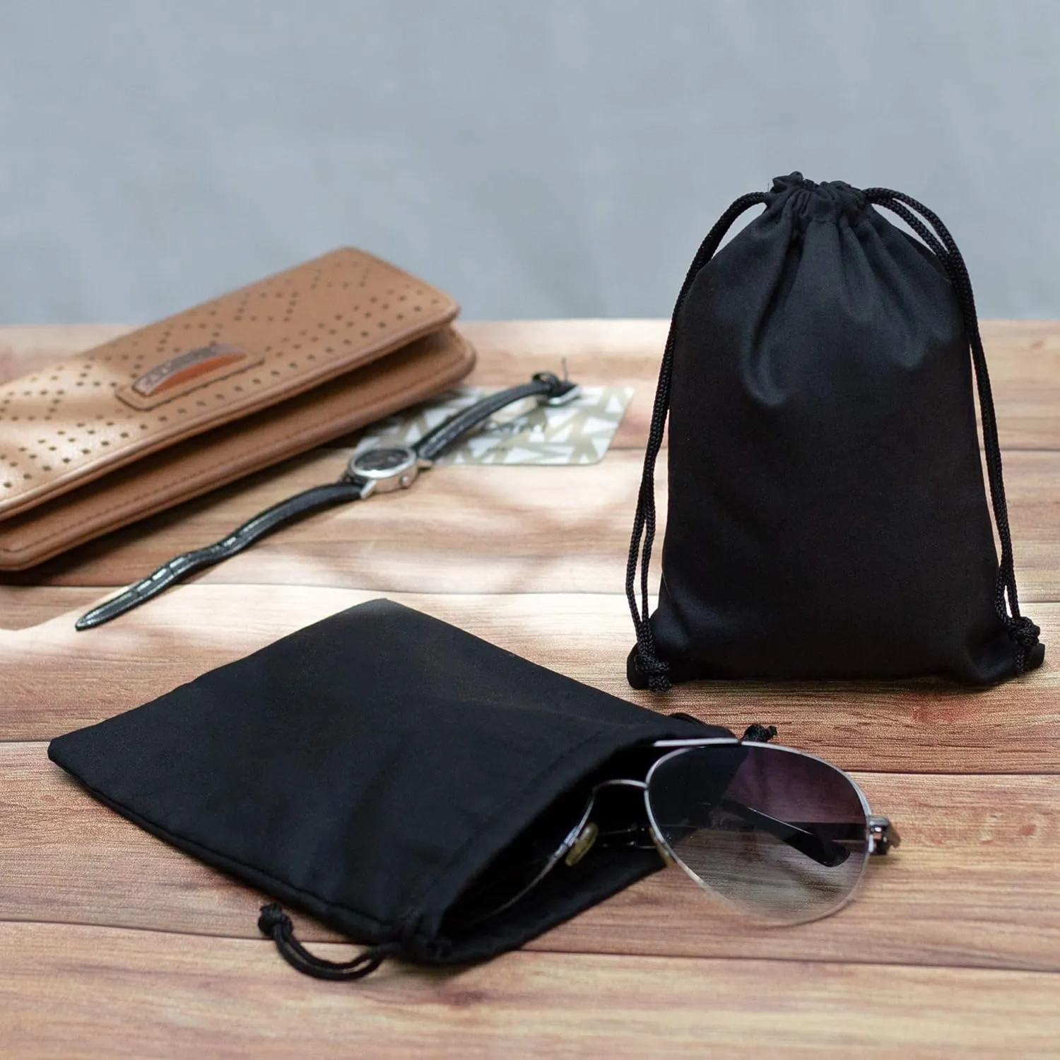 PALTERWEAR Black Cotton Drawstring Bags, Reusable Quality with Double String, For Pantry Gifts Stationery - Pack of 6 (Black Cotton Blend, 5 x 7 Inch)