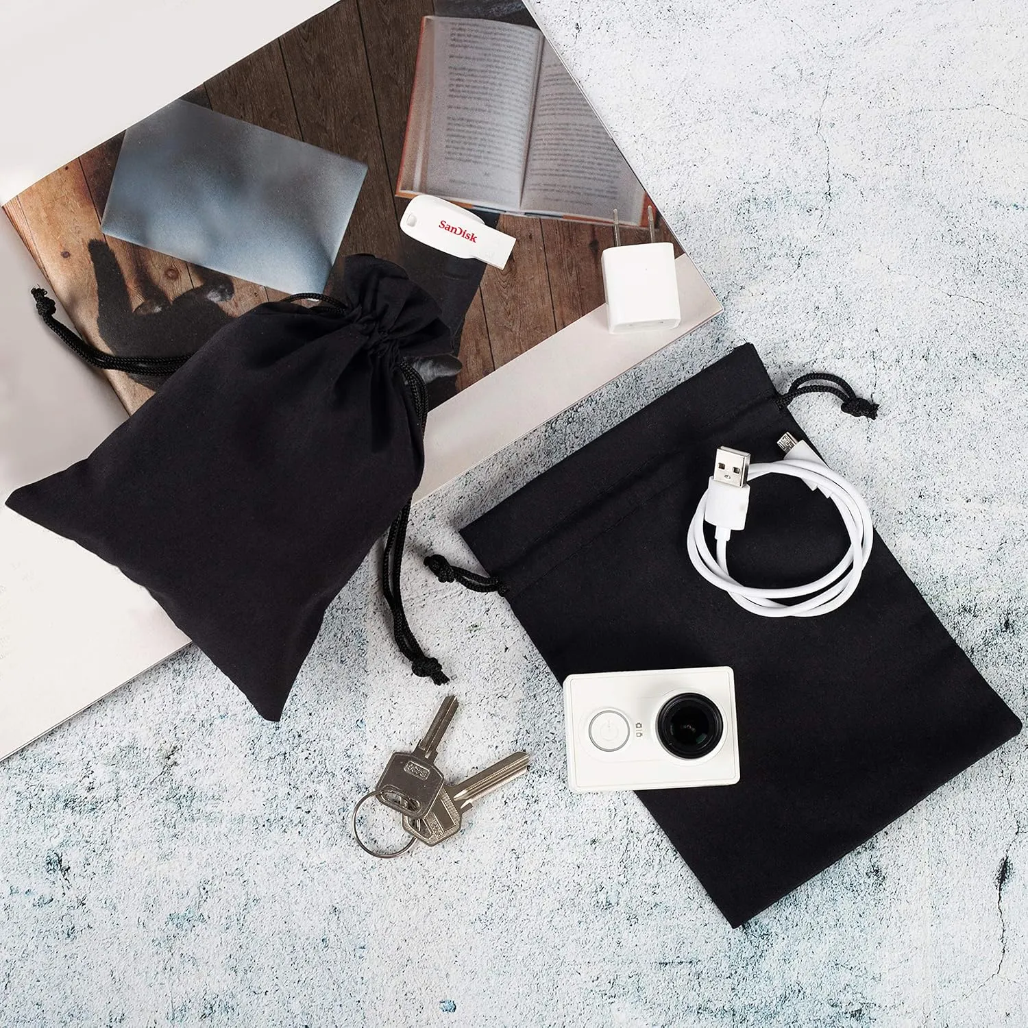 PALTERWEAR Black Cotton Drawstring Bags, Reusable Quality with Double String, For Pantry Gifts Stationery - Pack of 6 (Black Cotton Blend, 5 x 7 Inch)