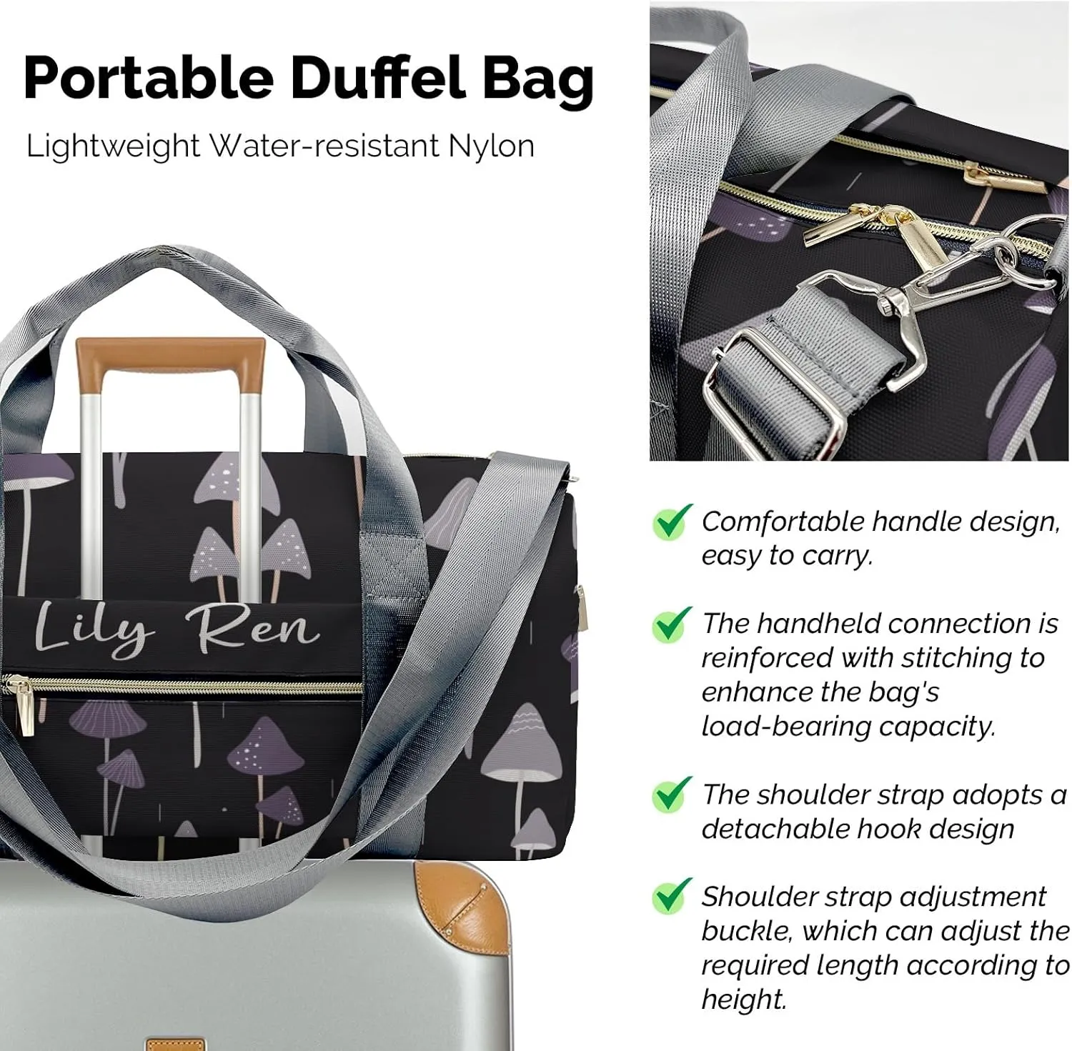 Personalized Duffel Bag Woodland Mushrooms Customized Multi-Function Travel Bag Gym Sports Bag Dance Bag Women Men Carry On Weekend Bags