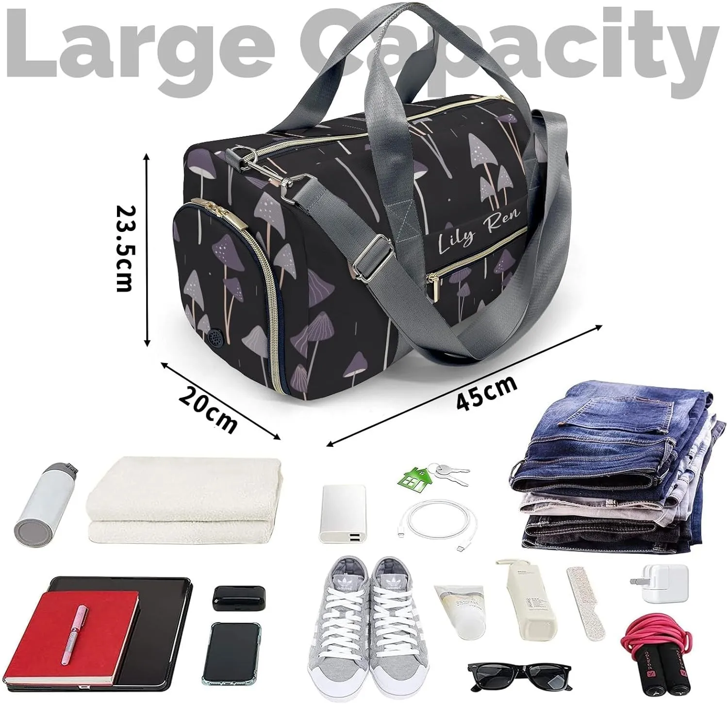 Personalized Duffel Bag Woodland Mushrooms Customized Multi-Function Travel Bag Gym Sports Bag Dance Bag Women Men Carry On Weekend Bags