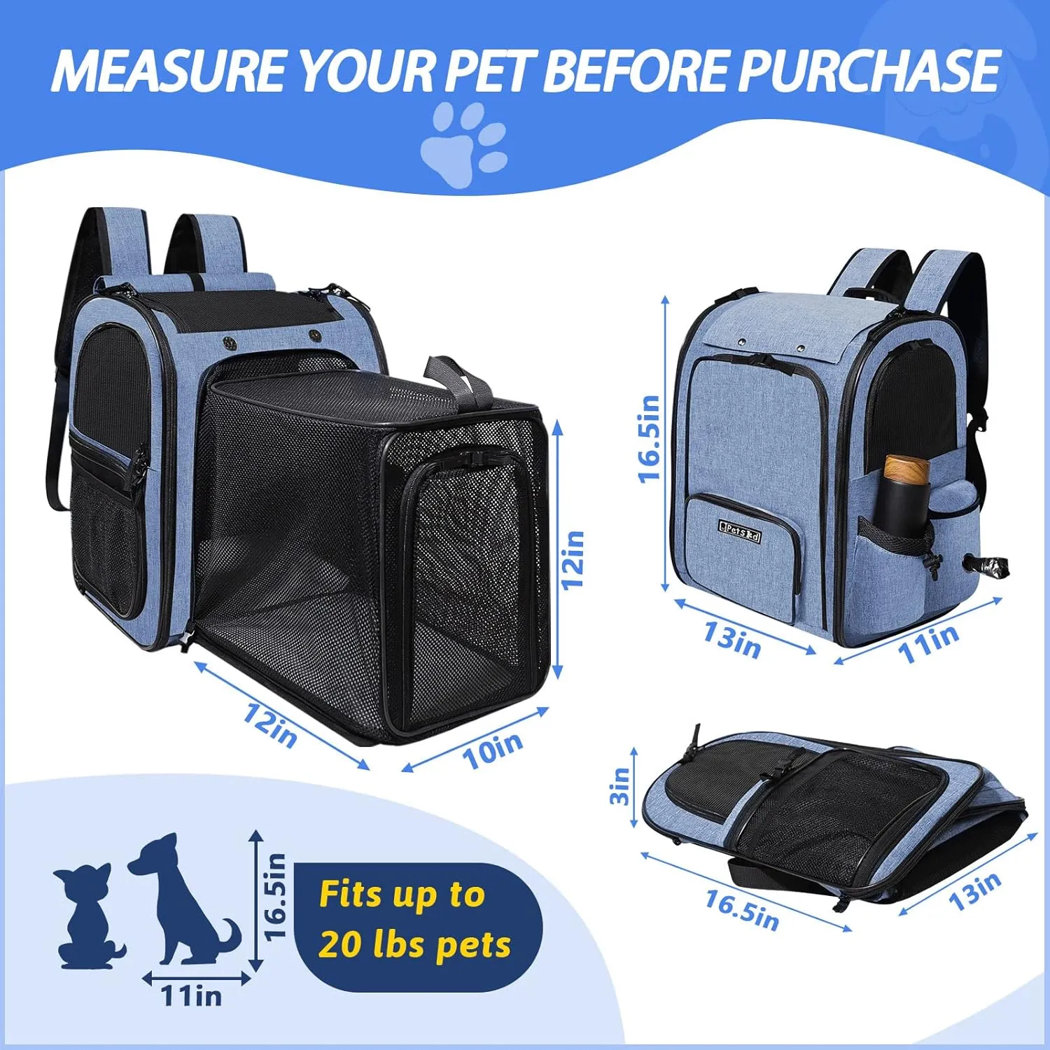 Petskd Expandable Pet Carrier Backpack for Small Medium Dog and Cat, Large Space Fits up to 15 lbs Pet, Foldable Backpack with Safety Lock Zipper and Breathable Mesh for Travel Hiking Camping(Blue)
