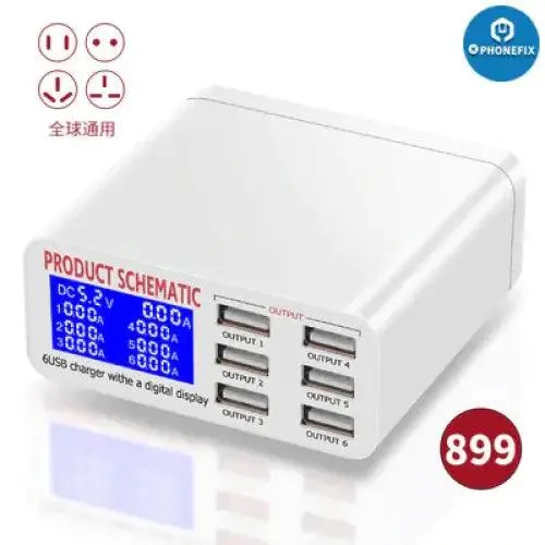 Phone USB Charging Station Digital Display 6 Port Phone USB Charger