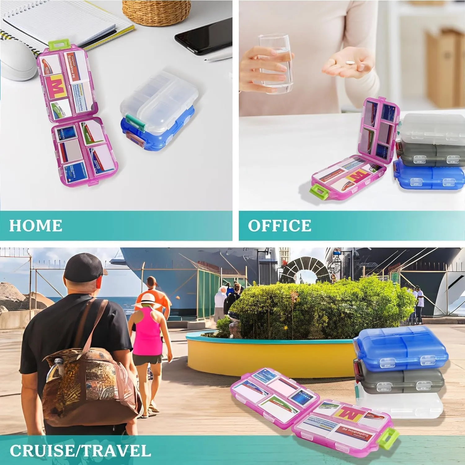 Pill Organizer with Medicine Labels Travel Daily Pill Container Mini Medication Organizer Storage Pill Organizer Travel Essentials Pill Case 7 Day (Pink & 161 Lables)
