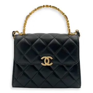 Quilted Mini Top Handle with Chain 15x11.5x4cm Black Crossbody Bag in Lambskin, Gold hardware