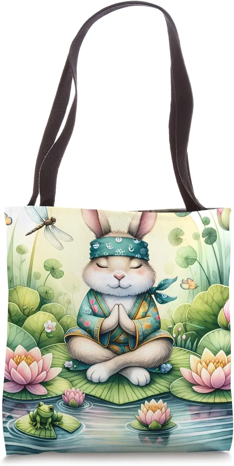 Rabbit Meditating On Lotus Leaf In Pond. Easter Bandana Zen Tote Bag
