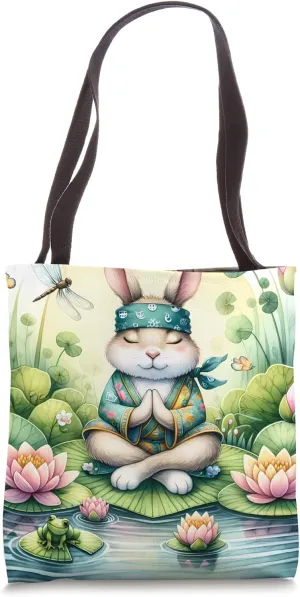 Rabbit Meditating On Lotus Leaf In Pond. Easter Bandana Zen Tote Bag