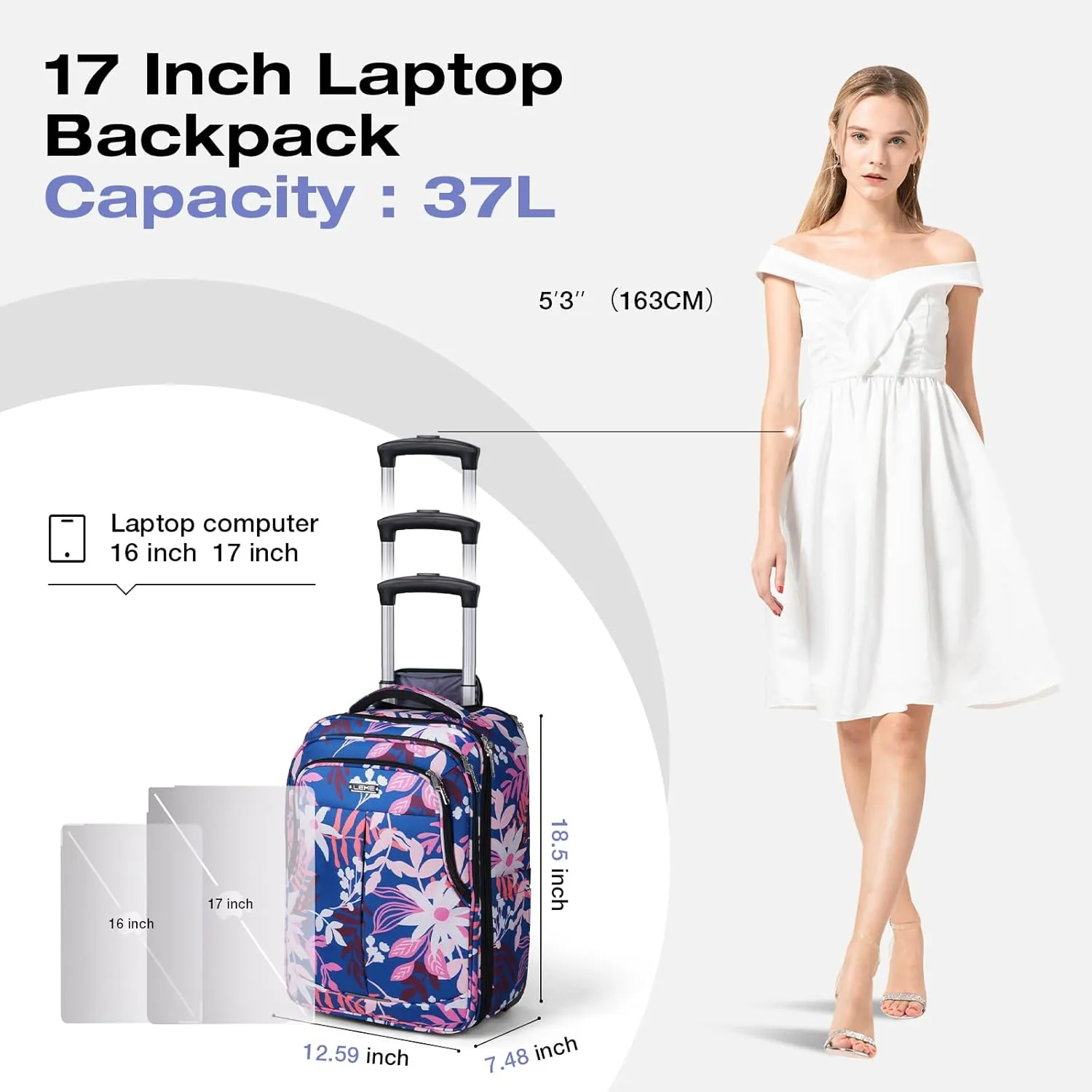 Rolling Backpack for Adults, 17 Inch Waterproof Carry on Backpack with Wheels, Flower Middle