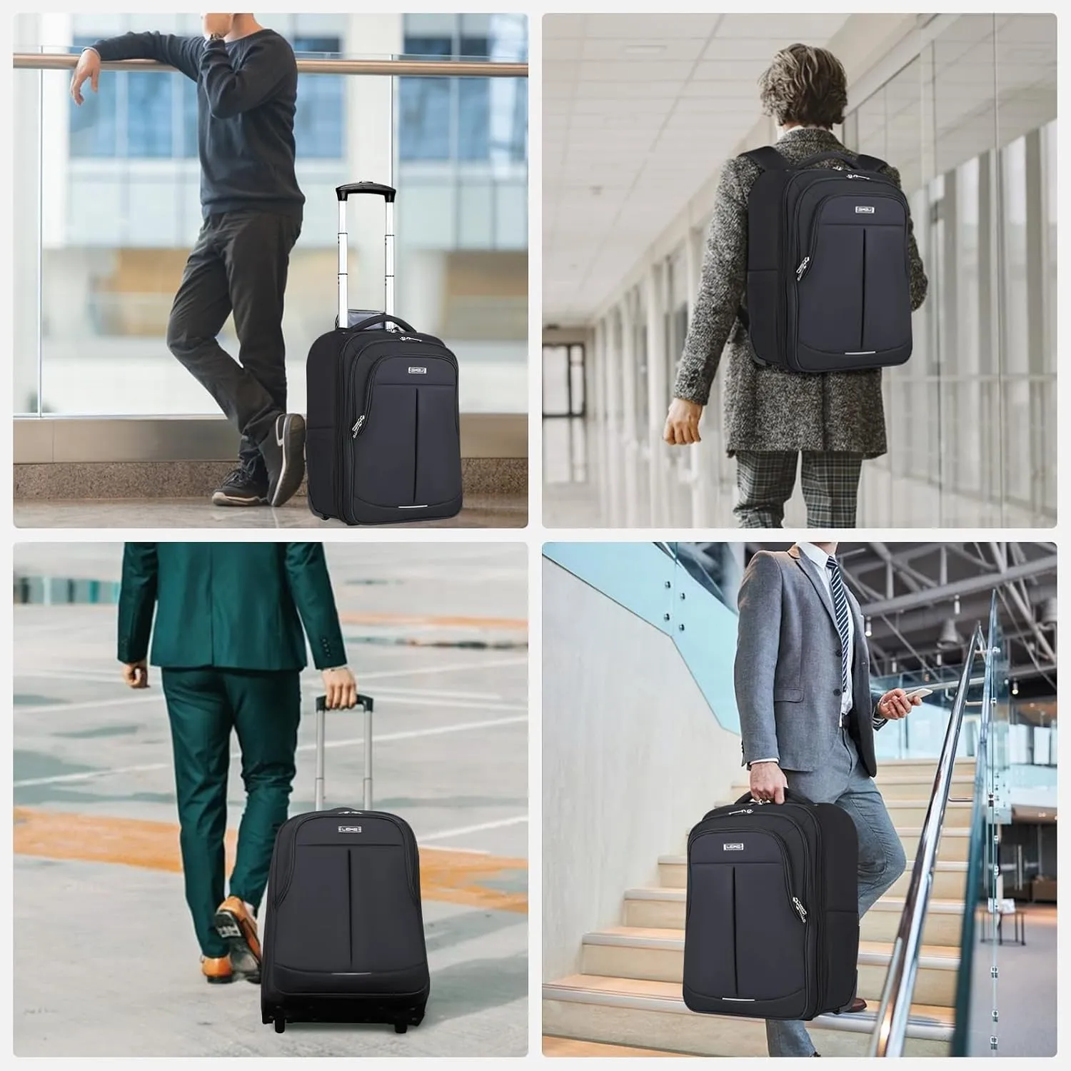 Rolling Backpack for Adults,17 Inch Waterproof Underseat Carry On Luggage, Wheeled Carry-on Luggage, Travel Backpack for Men Women Trolley Laptop Black Medium