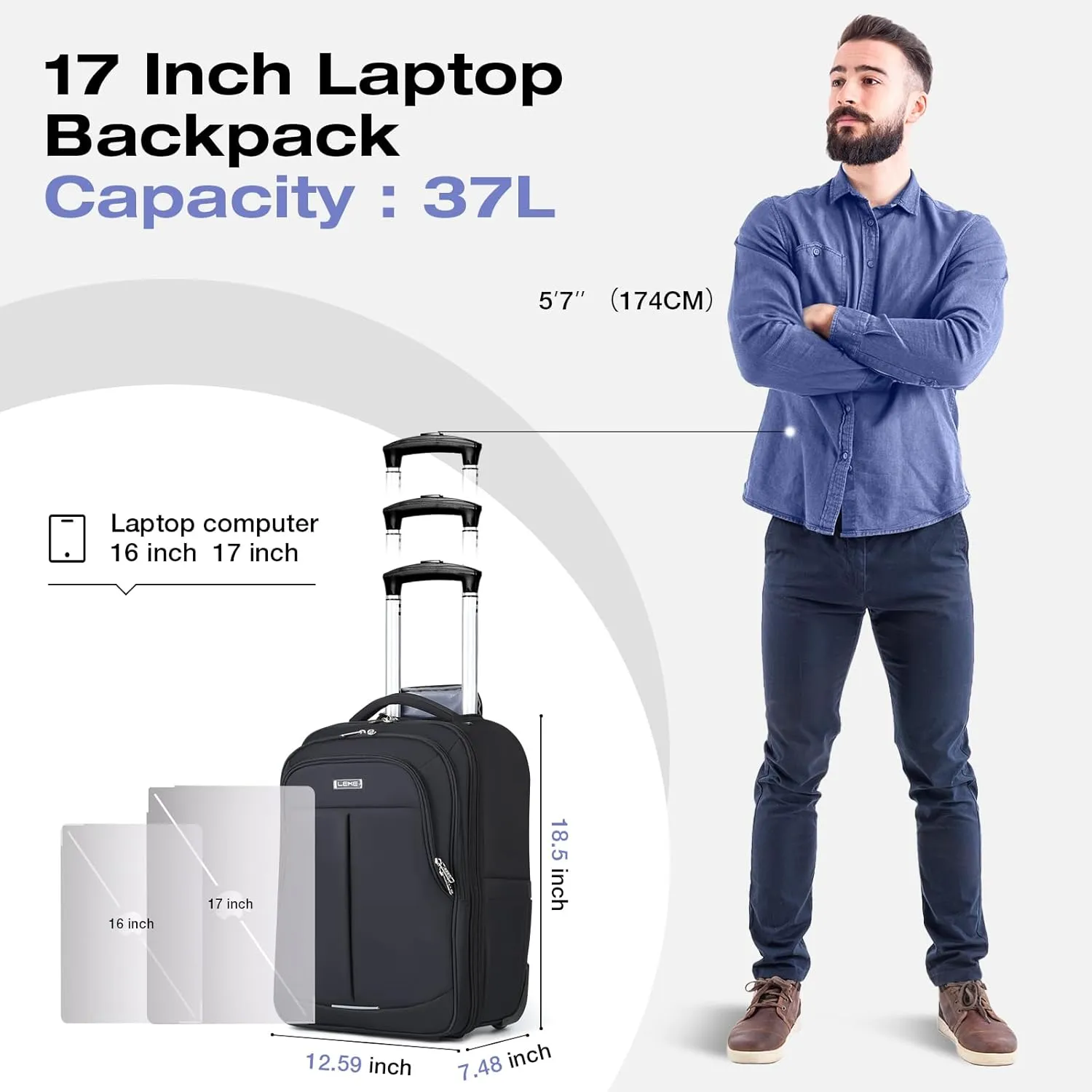 Rolling Backpack for Adults,17 Inch Waterproof Underseat Carry On Luggage, Wheeled Carry-on Luggage, Travel Backpack for Men Women Trolley Laptop Black Medium
