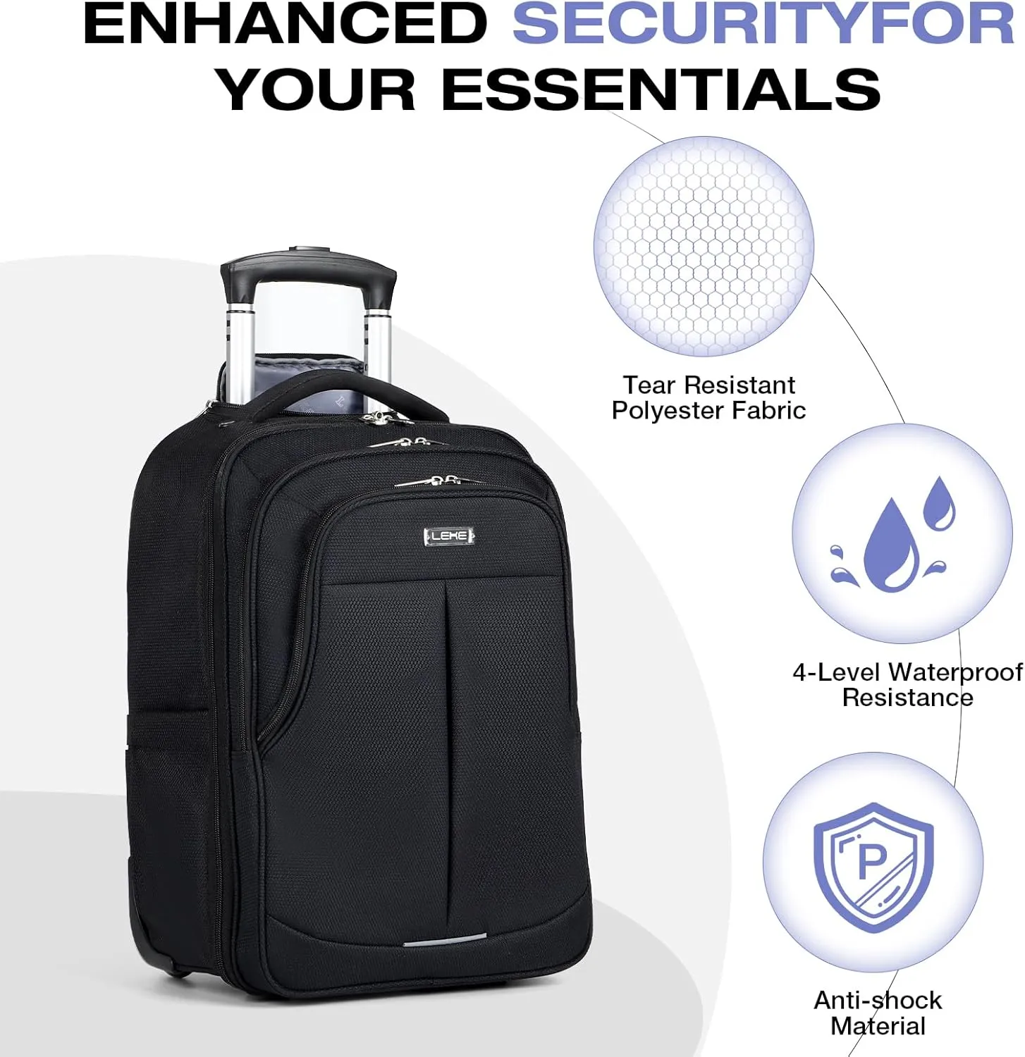 Rolling Backpack for Adults,17 Inch Waterproof Underseat Carry On Luggage, Wheeled Carry-on Luggage, Travel Backpack for Men Women Trolley Laptop Black Medium
