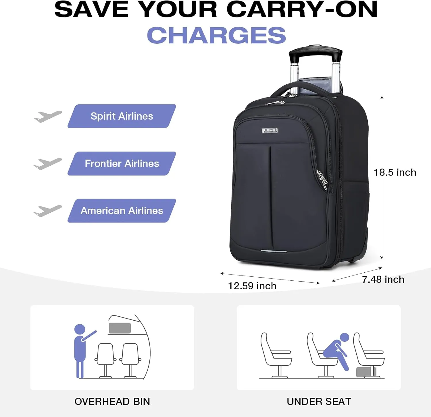 Rolling Backpack for Adults,17 Inch Waterproof Underseat Carry On Luggage, Wheeled Carry-on Luggage, Travel Backpack for Men Women Trolley Laptop Black Medium