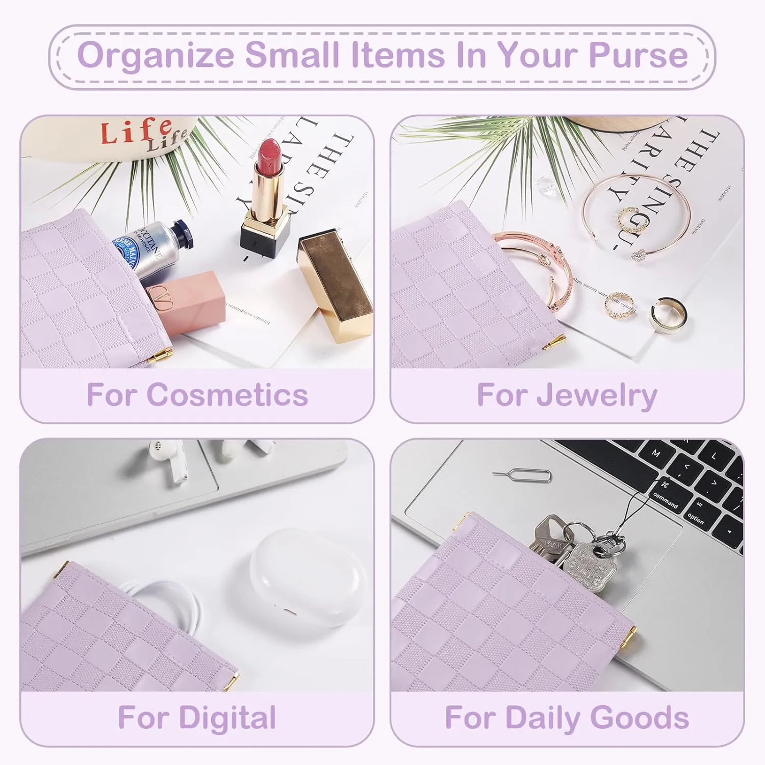 Sightor 2PCS Small Makeup Bag for Purse, Mini Cosmetic Bag Waterproof Pouch for Women, Checkered Purse Self-closing Coin Lipstick Small Leather Cosmetic Pouch (Pink, Purple)