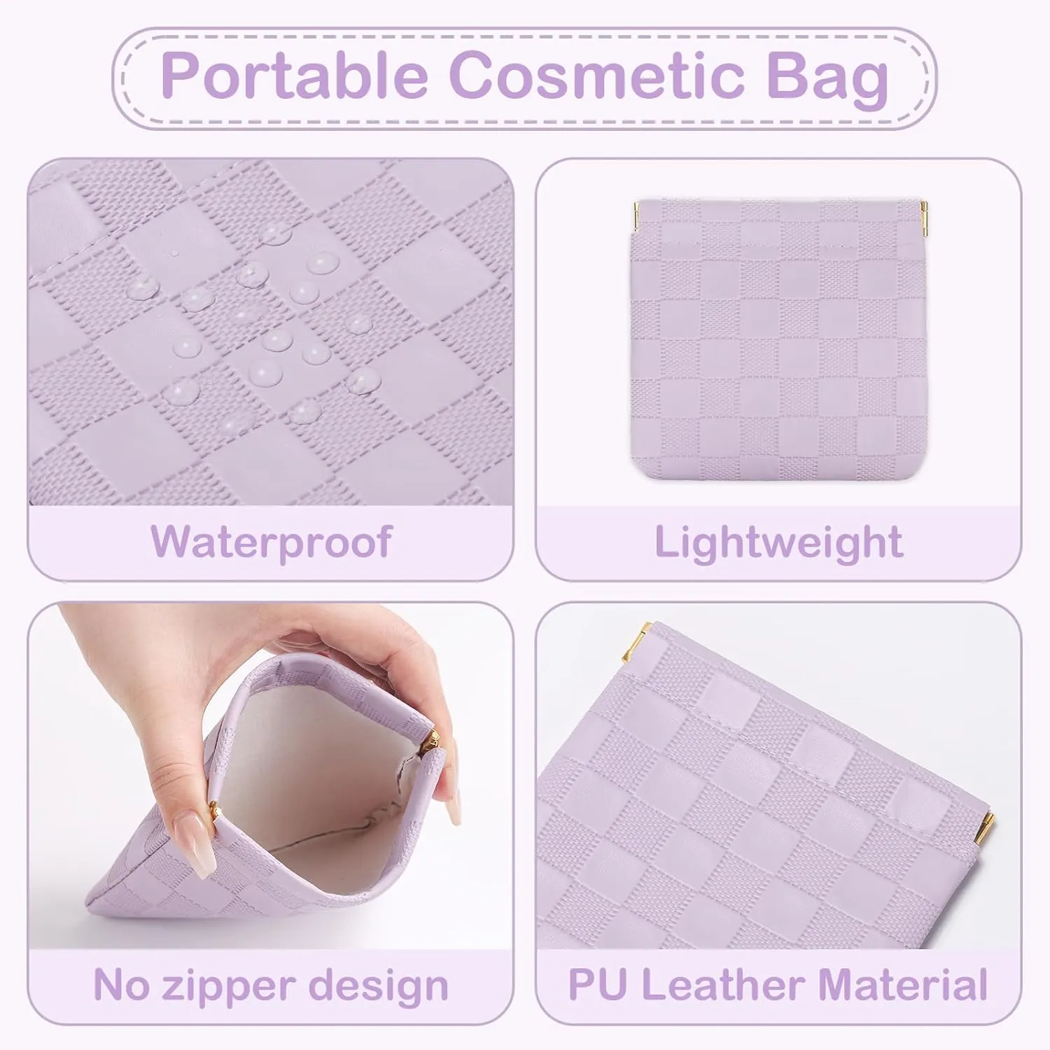 Sightor 2PCS Small Makeup Bag for Purse, Mini Cosmetic Bag Waterproof Pouch for Women, Checkered Purse Self-closing Coin Lipstick Small Leather Cosmetic Pouch (Pink, Purple)