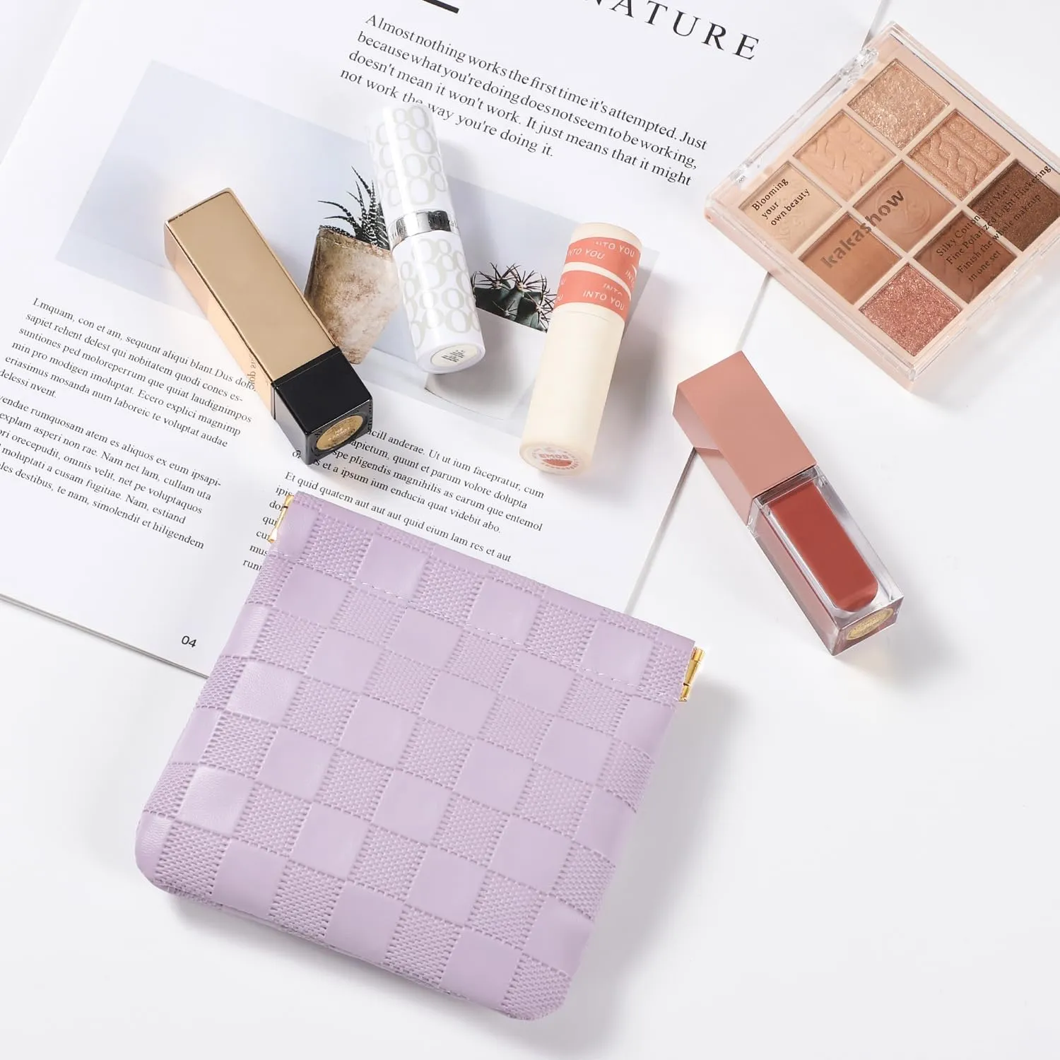 Sightor 2PCS Small Makeup Bag for Purse, Mini Cosmetic Bag Waterproof Pouch for Women, Checkered Purse Self-closing Coin Lipstick Small Leather Cosmetic Pouch (Pink, Purple)