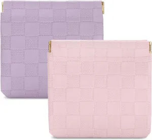 Sightor 2PCS Small Makeup Bag for Purse, Mini Cosmetic Bag Waterproof Pouch for Women, Checkered Purse Self-closing Coin Lipstick Small Leather Cosmetic Pouch (Pink, Purple)
