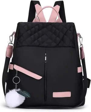 Small Backpack Purse for Women Travel Casual Daypack with Cute Pom Pom Keyring Lightweight Daily Work Fashion Shoulder Bag Ladies Mini Trendy Rucksack (Black)