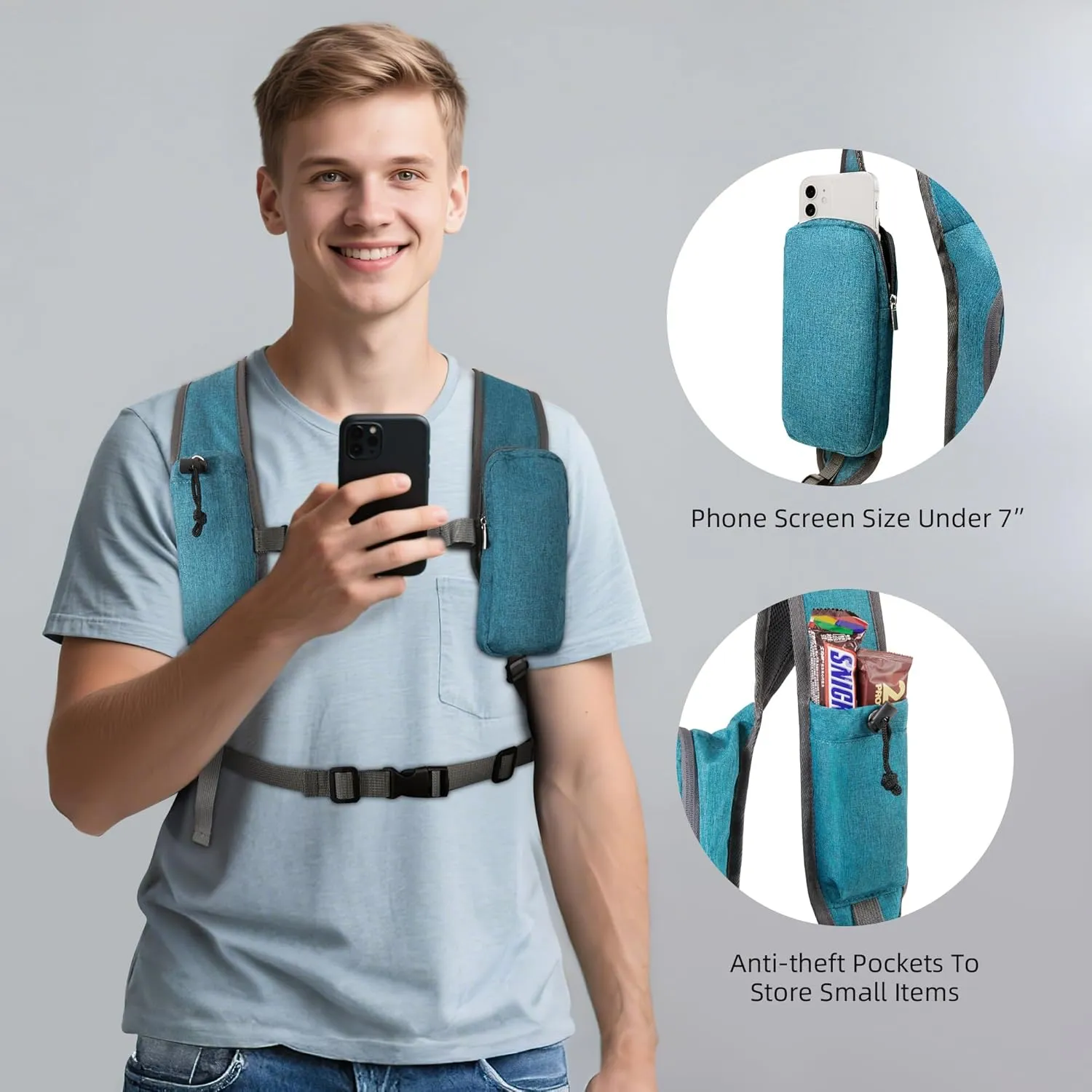 Small Hiking Backpack with Detachable Front Phone Holder, Foldable Packable Back pack with Chest and Waist Strap, Lightweight Daypack for Women Men (Blue, 15L)