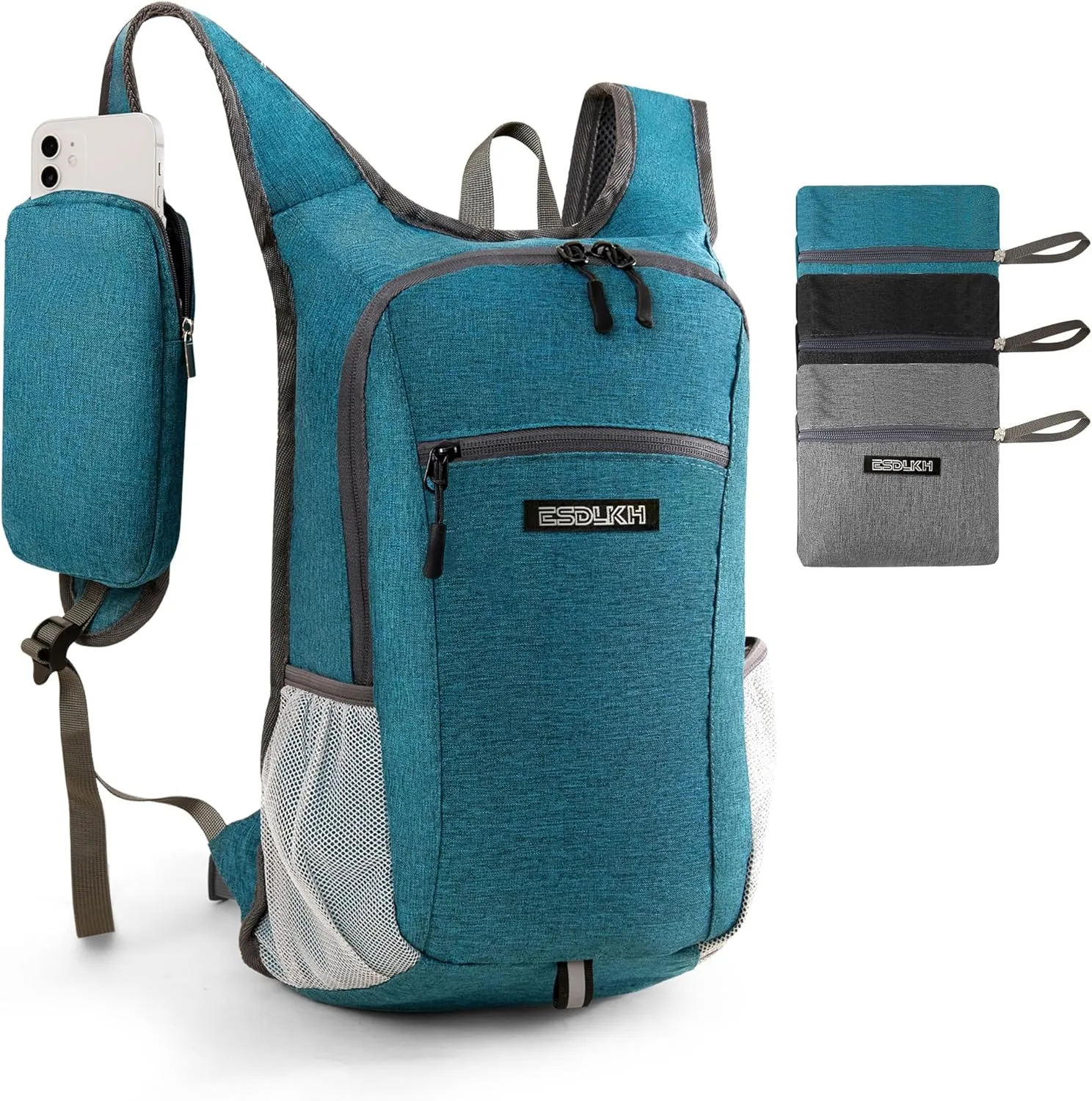 Small Hiking Backpack with Detachable Front Phone Holder, Foldable Packable Back pack with Chest and Waist Strap, Lightweight Daypack for Women Men (Blue, 15L)