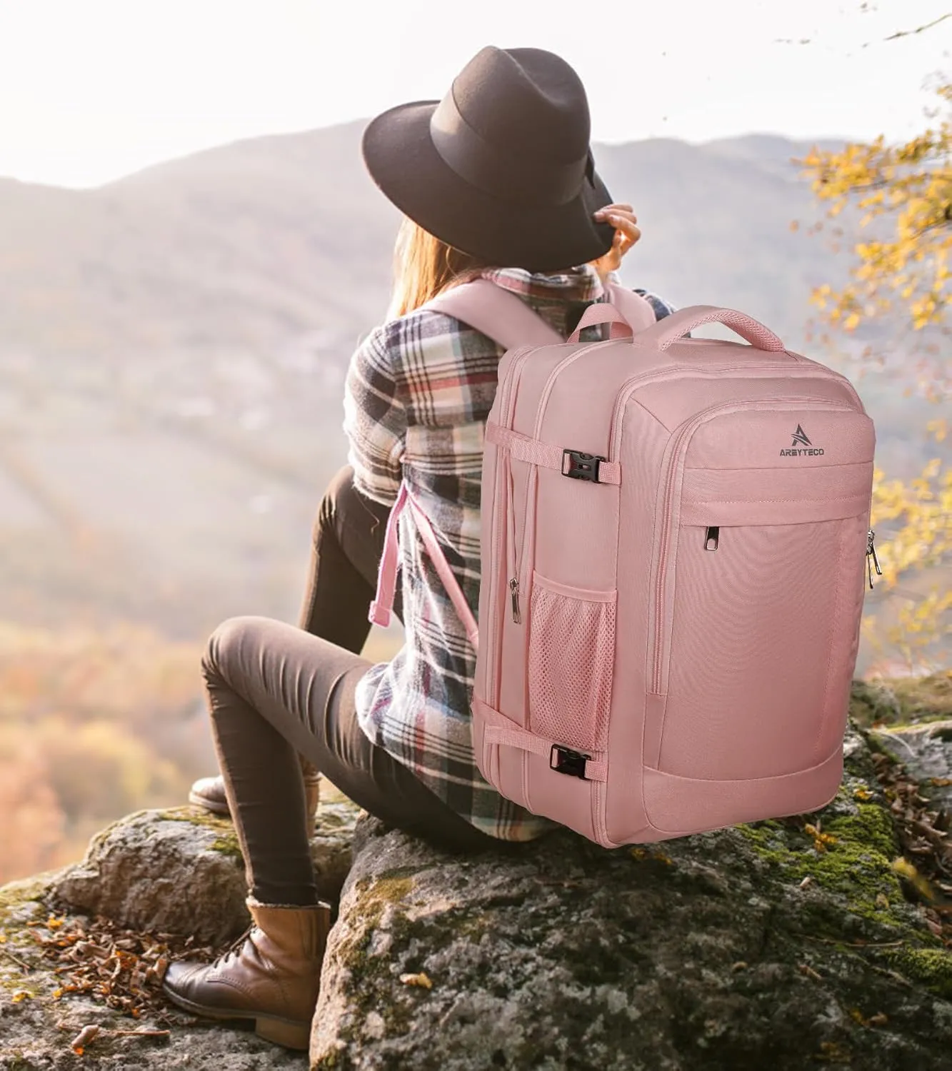 Travel Laptop Backpack for Women, 50L Expandable Extra Large Backpack,Carry On Backpack Airline Approved, Water Resistant Big Bag Anti-Theft Business Daypack Fits 17 Inch Laptop with USB Port, Pink