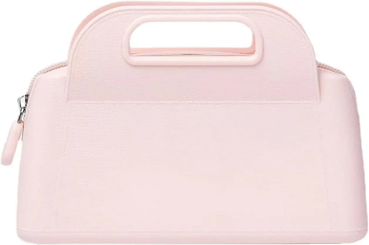 Travel Makeup Bag, Silicone Cosmetic Bags for Women, Cosmetic Organizer Case with Zipper, Waterproof Travel Toiletry Bag Skincare Pouch with Handle (Pink)