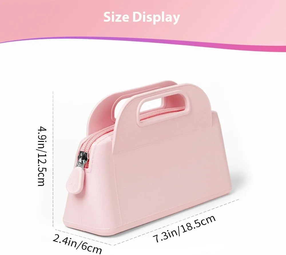 Travel Makeup Bag, Silicone Cosmetic Bags for Women, Cosmetic Organizer Case with Zipper, Waterproof Travel Toiletry Bag Skincare Pouch with Handle (Pink)