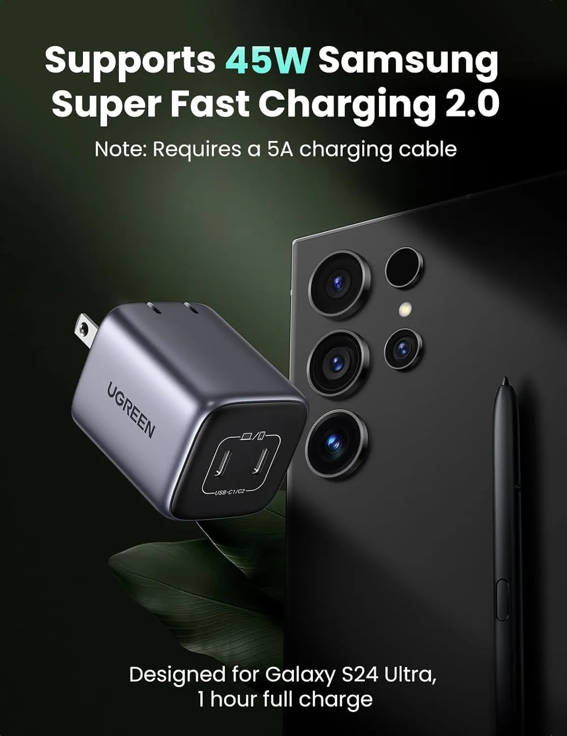 UGREEN 45W USB C Charger, Nexode 2 Port GaN Foldable PPS Wall Charger Block Support Samsung Super Fast Charging 2.0 for Galaxy S25/S24/Note 20, iPhone 16/15/14, iPad, MacBook, Steam Deck (Black)