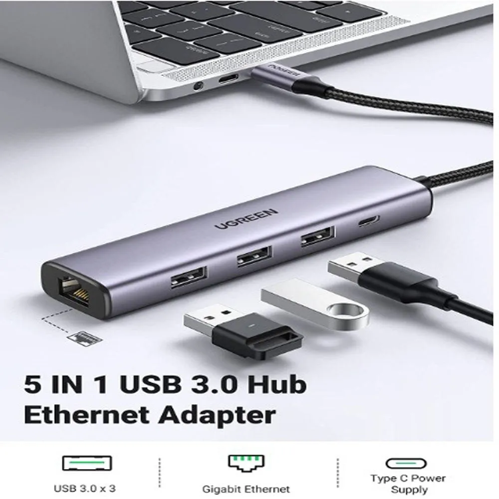 UGREEN USB 3.0 Hub with 1000Mbps RJ45 Gigabit Ethernet Adapter, 5V 2A USB C Charging Port, 5Gbps Transfer Speed for MacBook, PC, Desktop Computer, Laptop, Keyboard, Mouse, Card Reader, etc. | 60554
