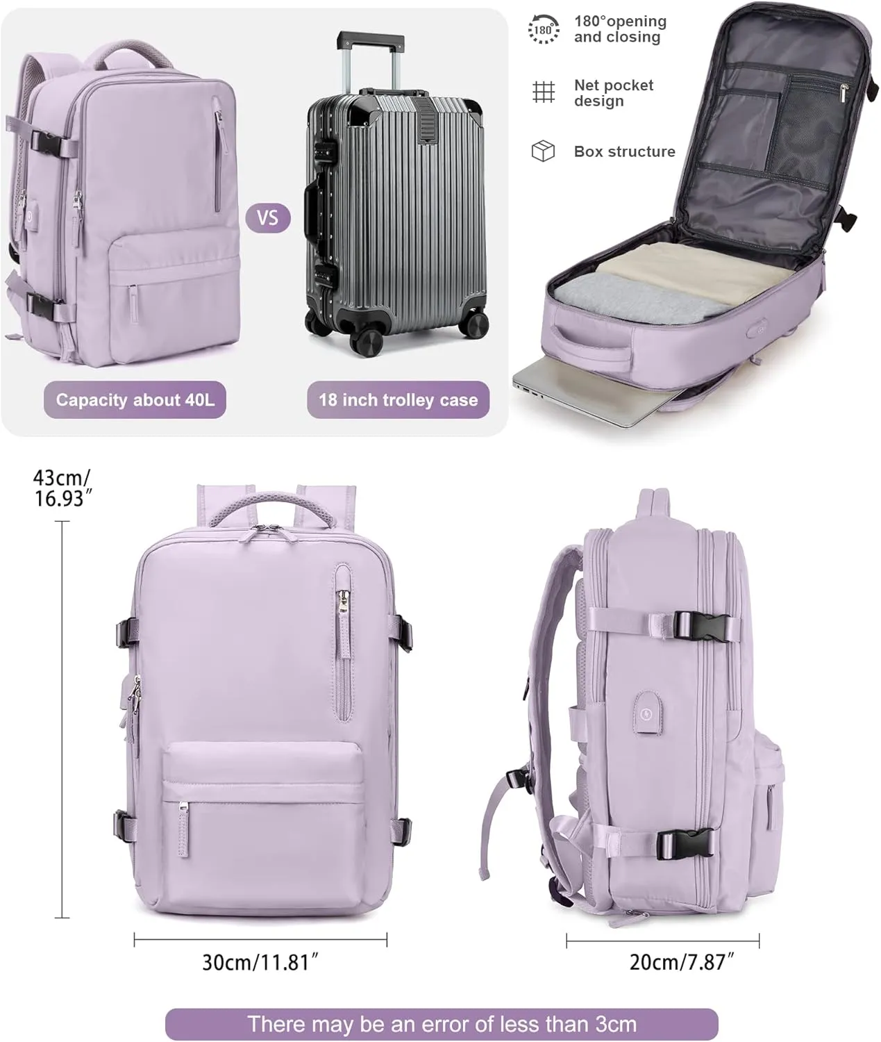 VGCUB Large Travel Backpack Bag for Women Men,Carry on Backpack,17 Inch Laptop Business Work Waterproof Backpack with Laptop Compartment,Person Item Flight Approved,Mochila de Viaje,Purple