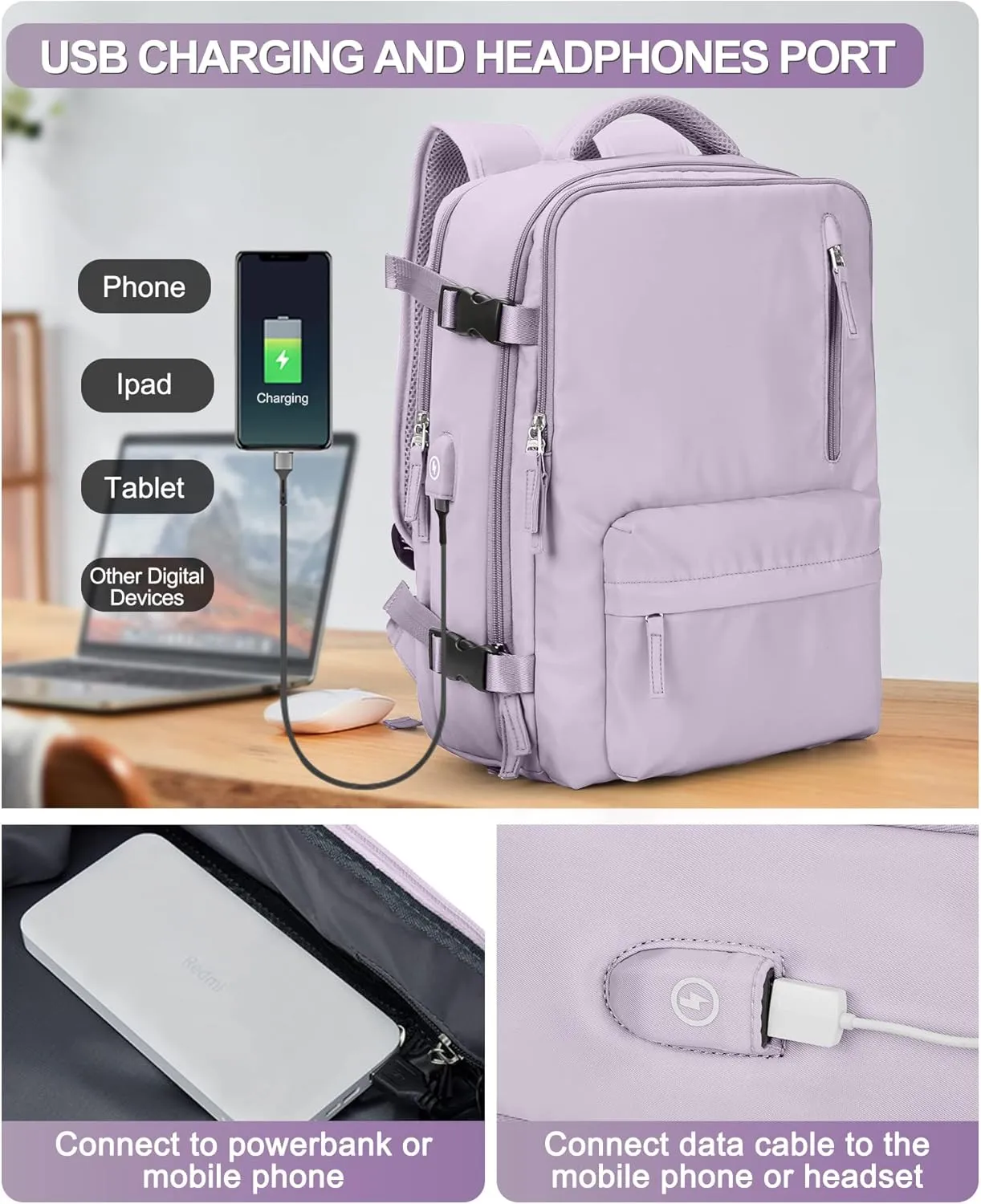 VGCUB Large Travel Backpack Bag for Women Men,Carry on Backpack,17 Inch Laptop Business Work Waterproof Backpack with Laptop Compartment,Person Item Flight Approved,Mochila de Viaje,Purple