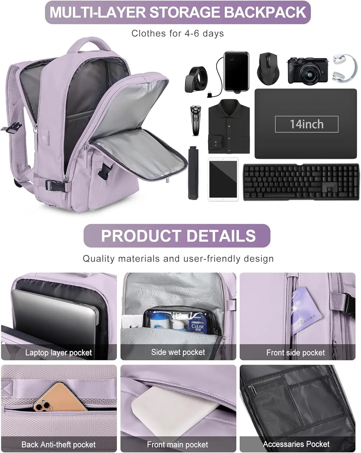 VGCUB Large Travel Backpack Bag for Women Men,Carry on Backpack,17 Inch Laptop Business Work Waterproof Backpack with Laptop Compartment,Person Item Flight Approved,Mochila de Viaje,Purple