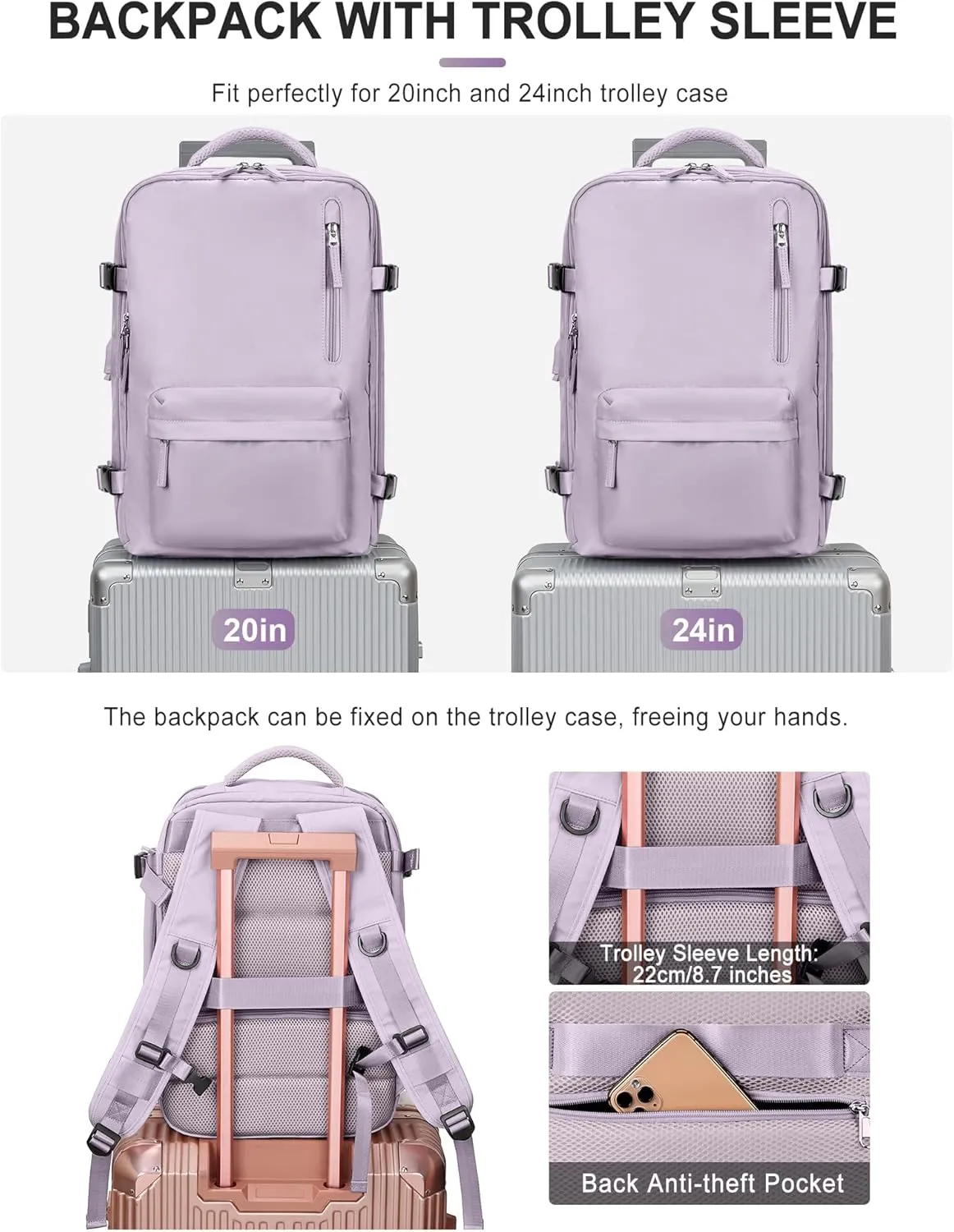 VGCUB Large Travel Backpack Bag for Women Men,Carry on Backpack,17 Inch Laptop Business Work Waterproof Backpack with Laptop Compartment,Person Item Flight Approved,Mochila de Viaje,Purple