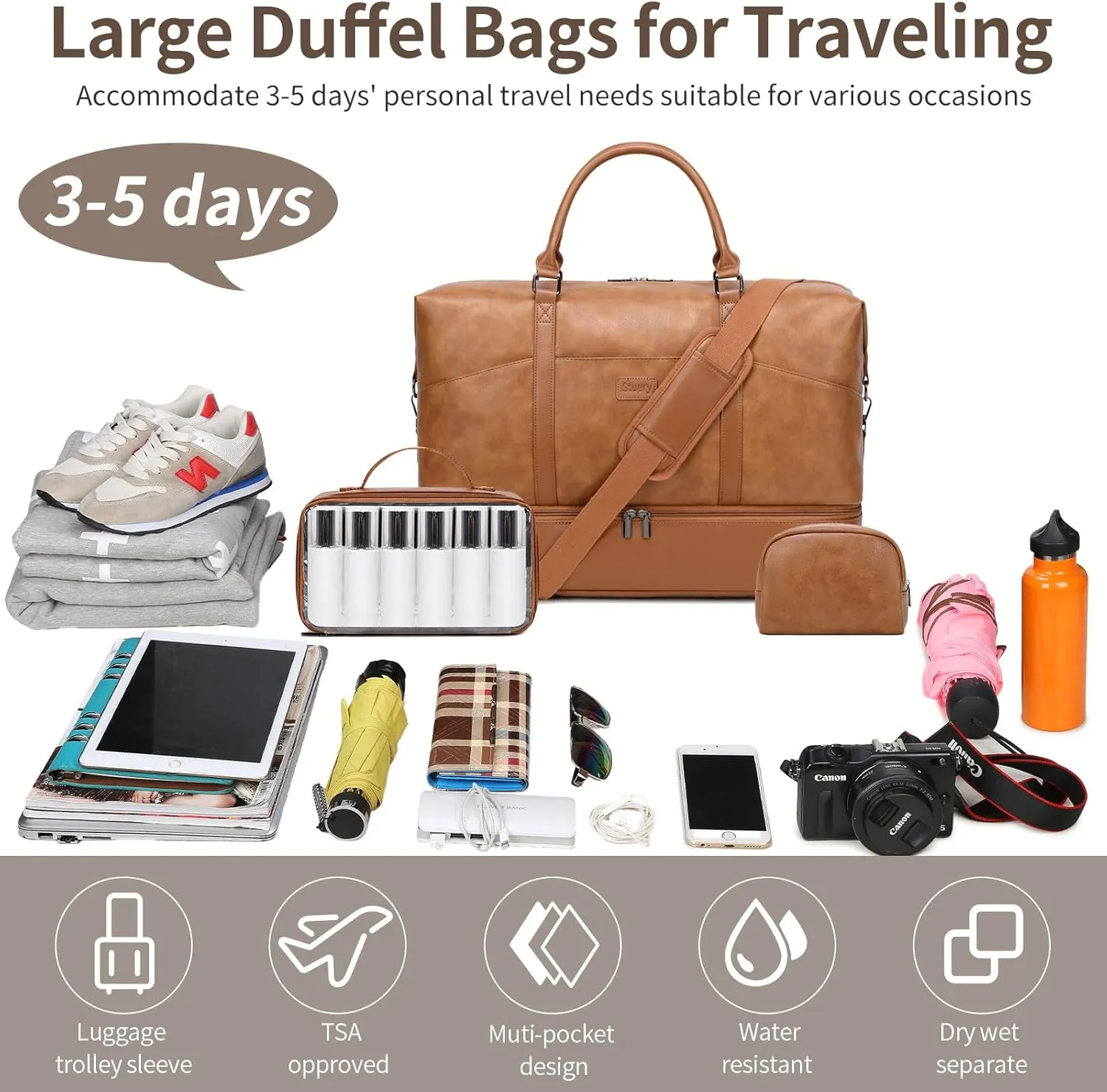 Weekender Bag, Large Travel Duffel Bag for Women, Carry on Overnight Bag with Shoe Compartment and Toiletry Bags