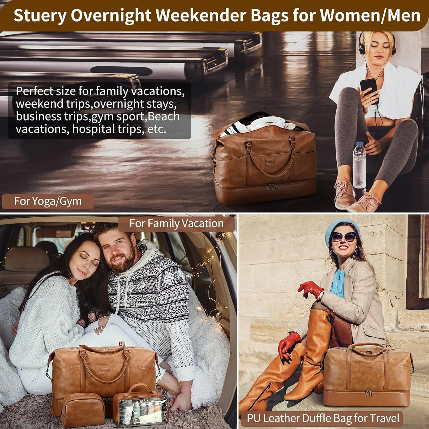 Weekender Bag, Large Travel Duffel Bag for Women, Carry on Overnight Bag with Shoe Compartment and Toiletry Bags