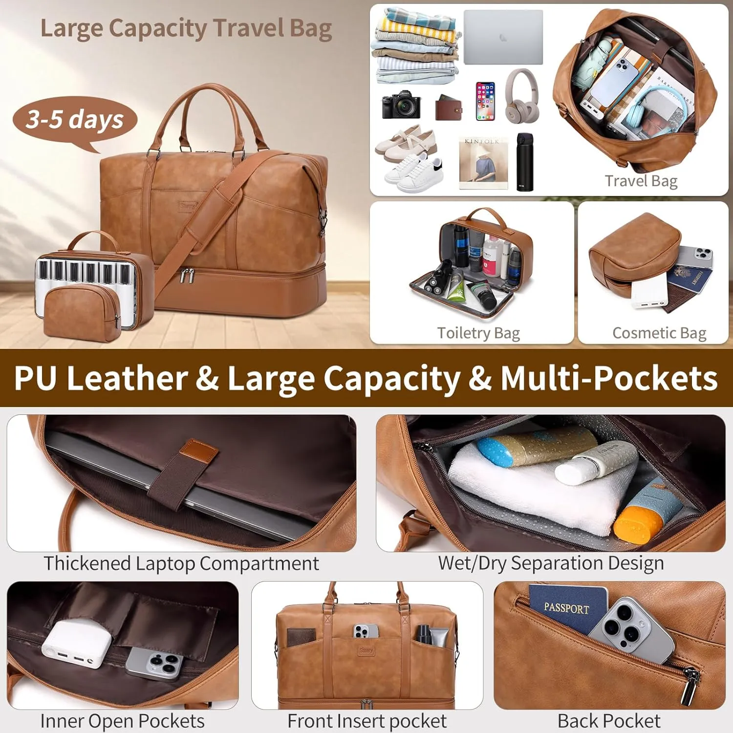 Weekender Bag, Large Travel Duffel Bag for Women, Carry on Overnight Bag with Shoe Compartment and Toiletry Bags