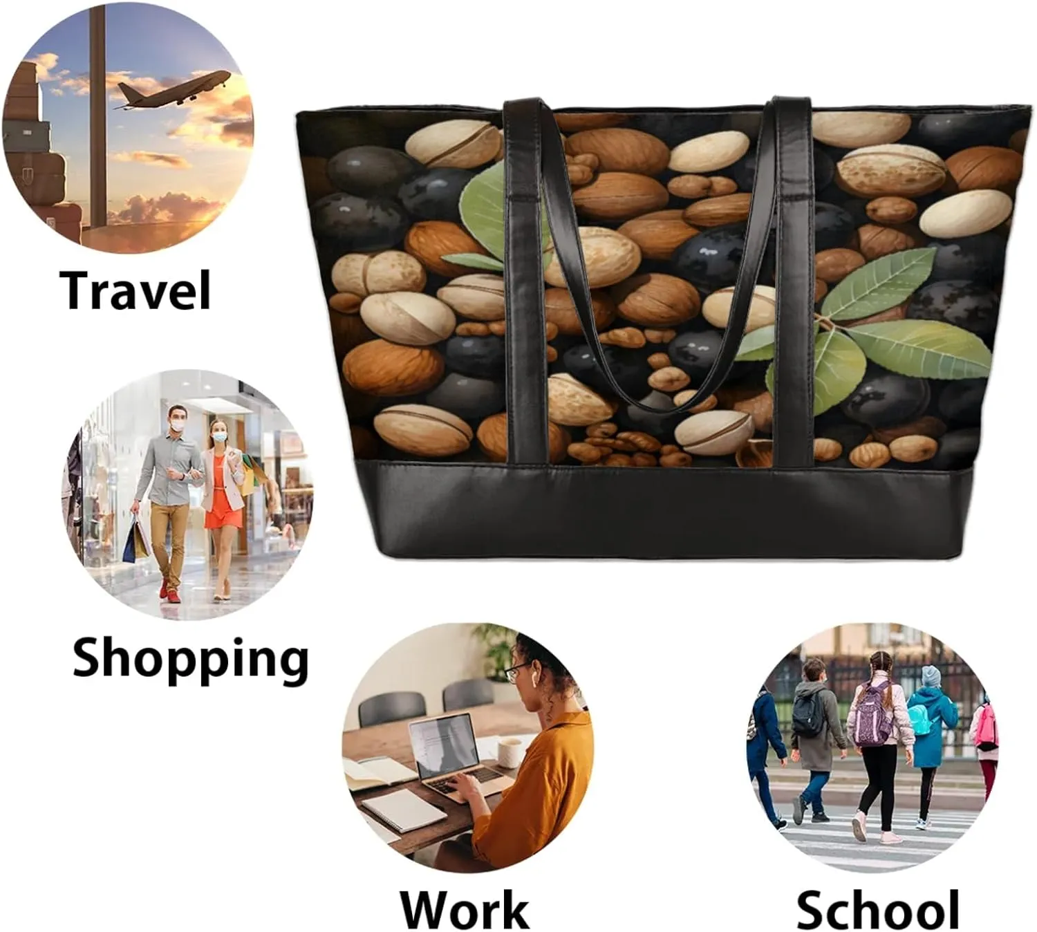 Women Tote Bag with Zipper, Shopper Handbag Travel Purse, PU Leather Laptop Tote Bags, Weekender Tote Bags
