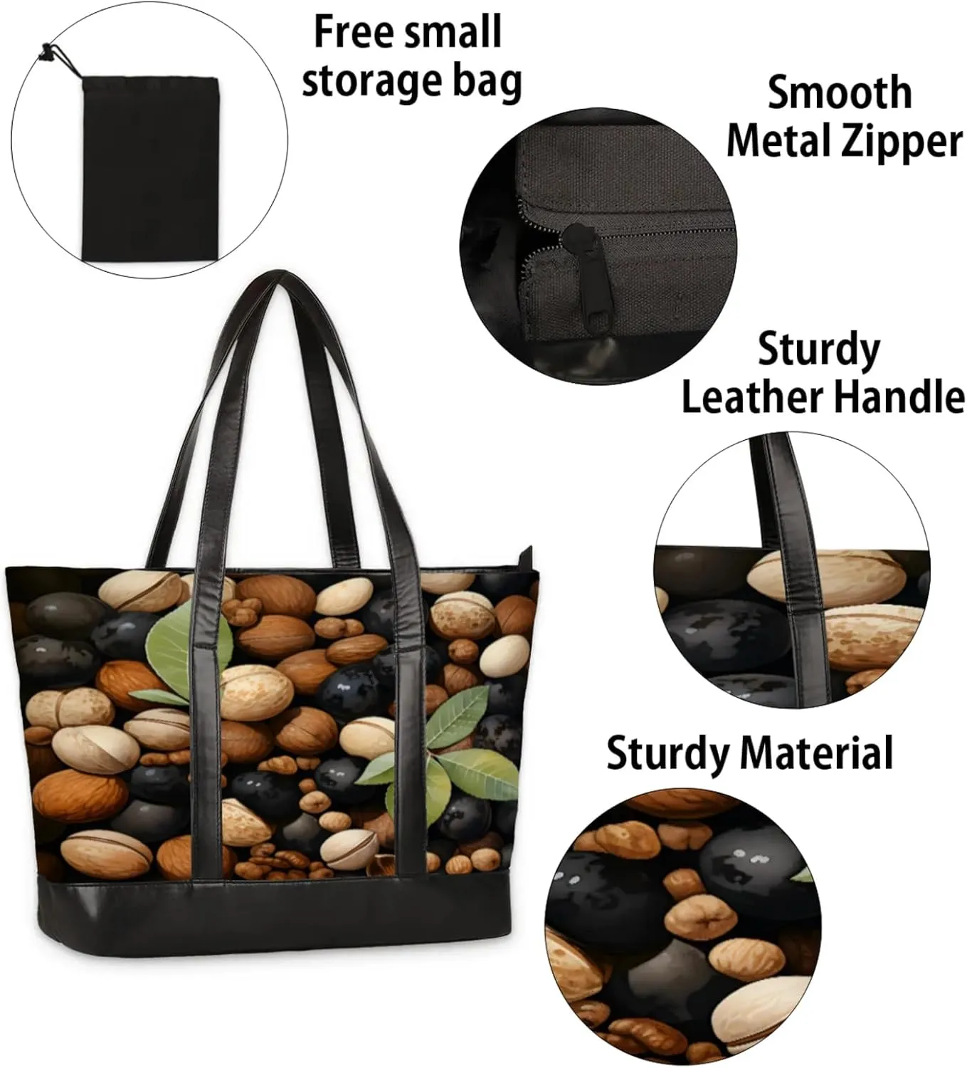 Women Tote Bag with Zipper, Shopper Handbag Travel Purse, PU Leather Laptop Tote Bags, Weekender Tote Bags